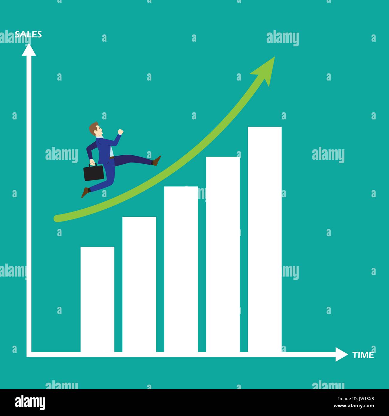 Il concetto di business come imprenditore è in esecuzione sul grafico a barre della crescita. egli gode di nuove opportunità di crescita. maggiori vendite corrisponde con il passare del tempo. Illustrazione Vettoriale