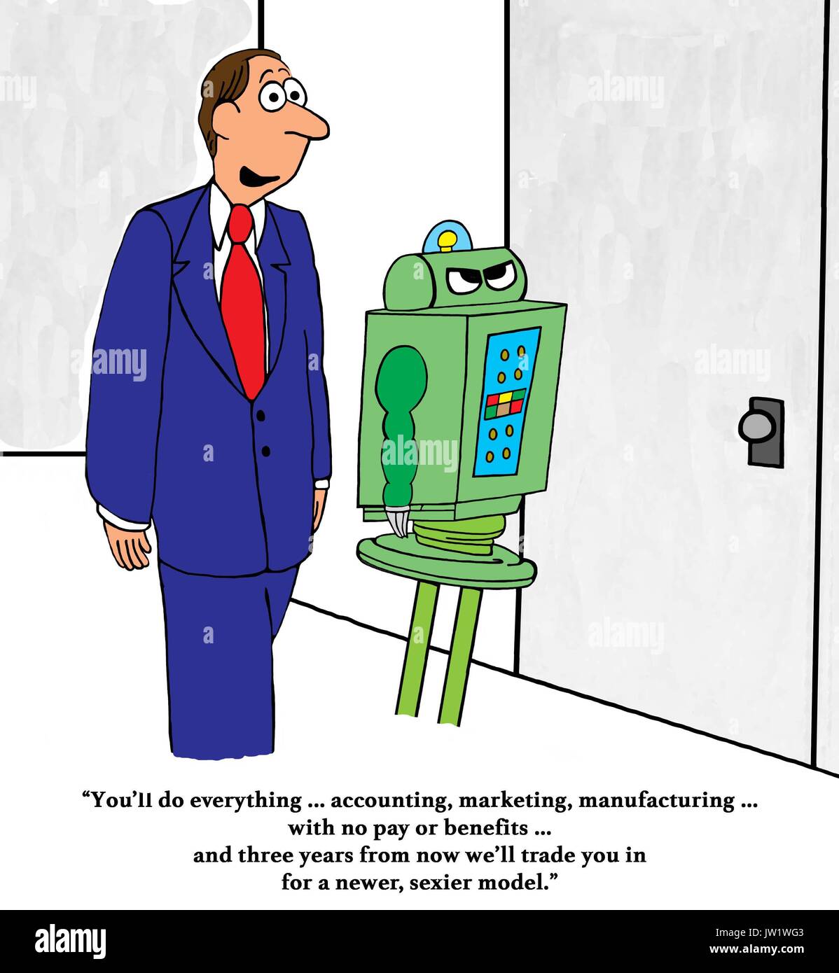 Business cartoon circa un robot che saranno negoziati in per un modello più recente in tre anni. Foto Stock