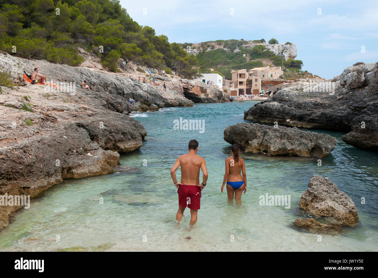 Per vacanza rilassante in una appartata Cala S'Almonia, Mallorca, Spagna Foto Stock