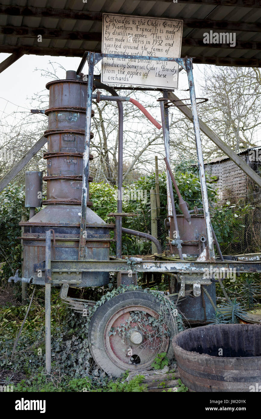 Somerset Acquavite di sidro, Somerset, Regno Unito. Antico francese il brandy o il Calvados ancora Foto Stock