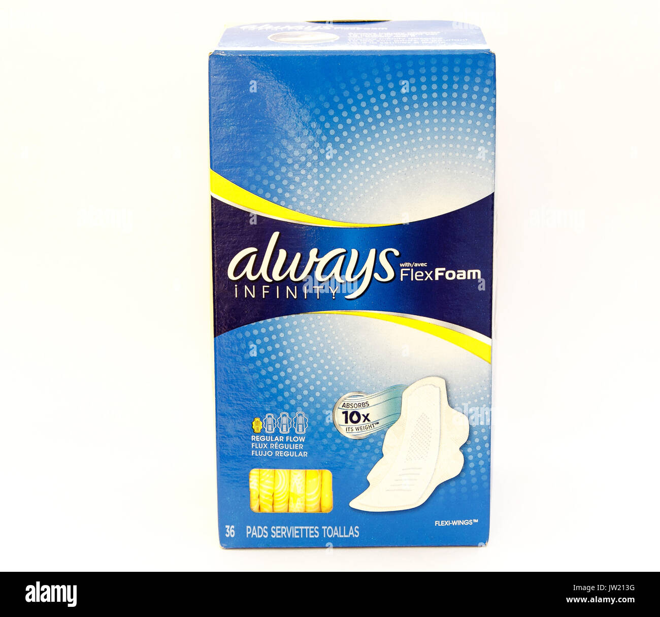 Pacchetto di sempre pastiglie mestruale si erge contro uno sfondo bianco. Foto Stock