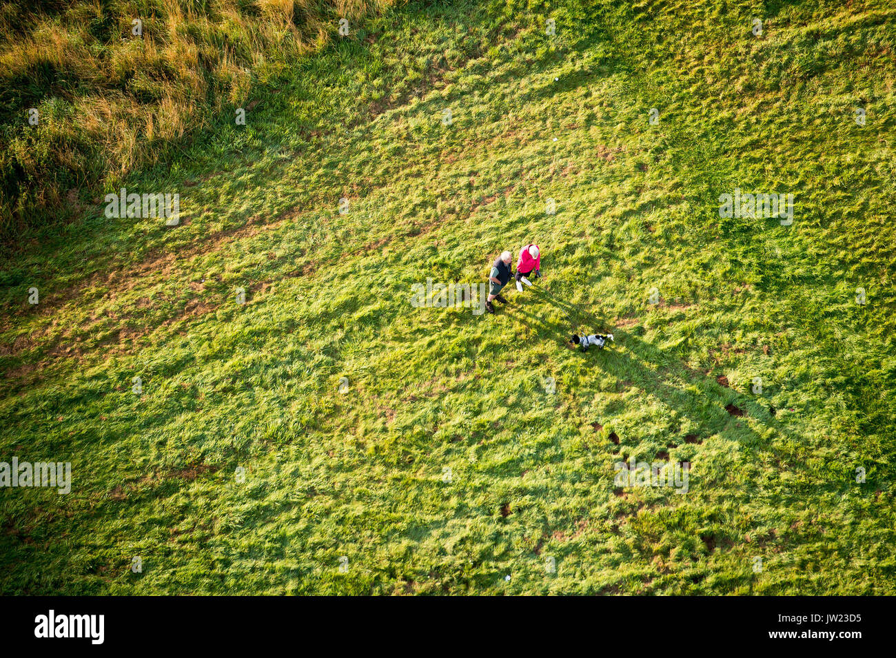 Dog walkers pausa come essi ammirano palloncini aria volando sopra la città di Bristol durante la prima salita di massa, dove mongolfiere provenienti da tutto il mondo si riuniranno a Ashton Court, Bristol, a prendere parte al Bristol International Balloon Fiesta. Foto Stock