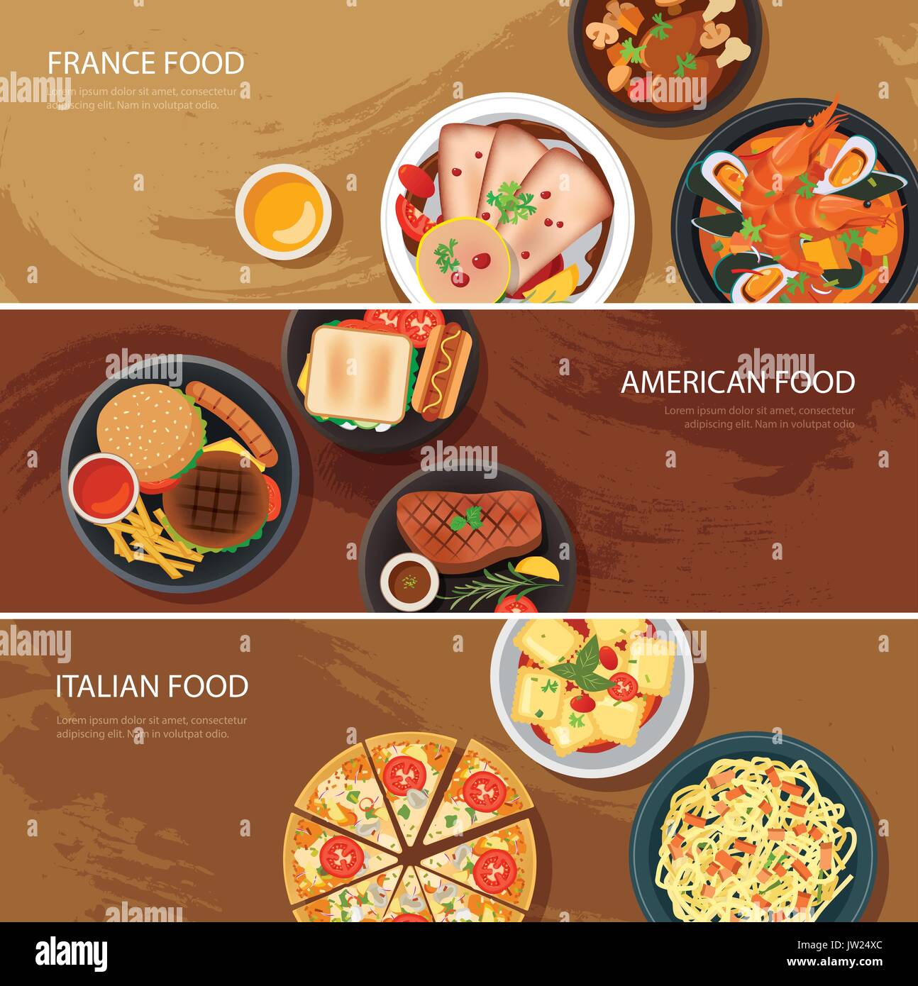 Set di cibo di banner per il web design piatto.Francia cibo,American food il cibo italiano Illustrazione Vettoriale