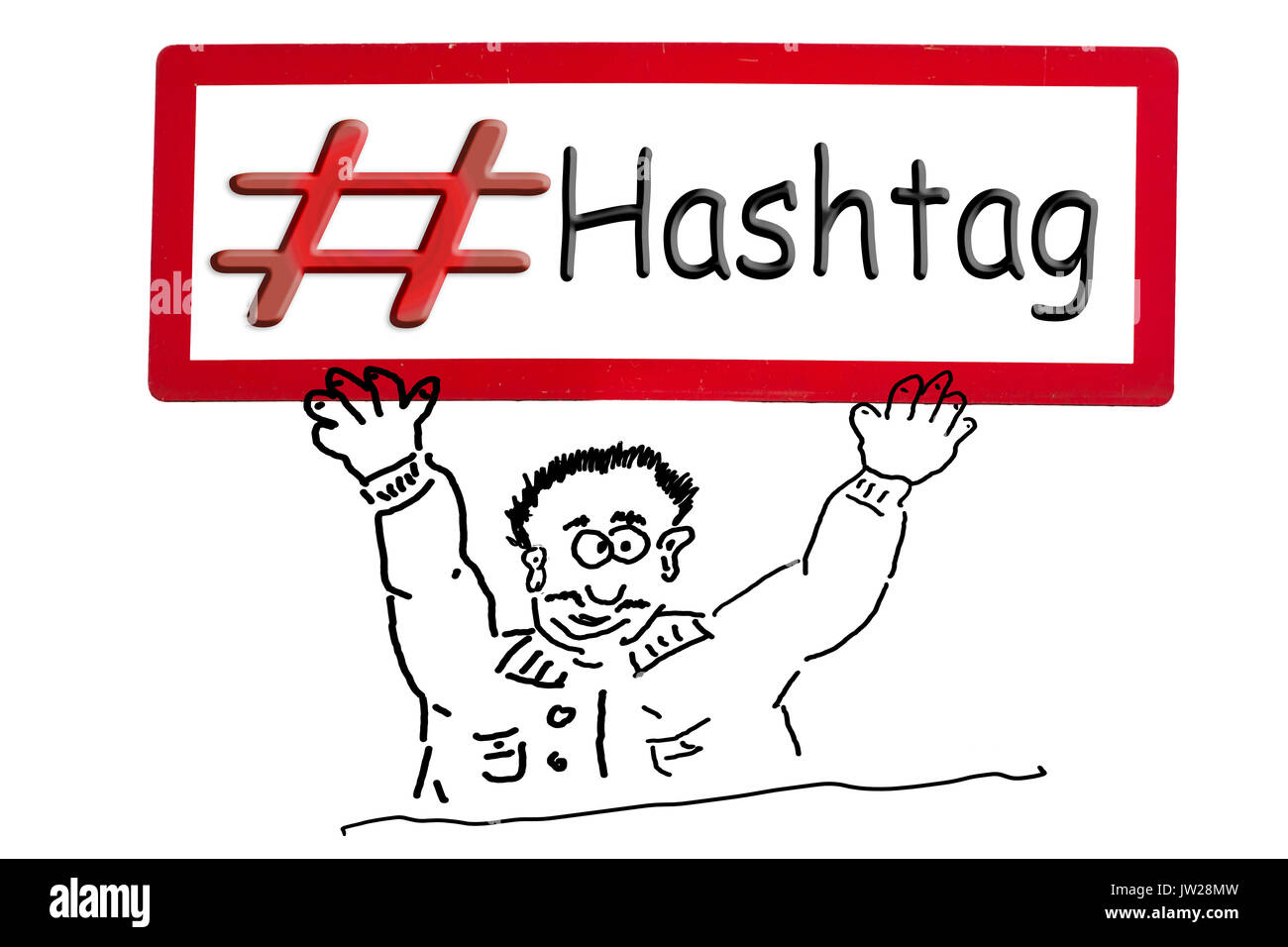 Disegno a mano di una pubblicità di figura, fumetti figura o disegno di corsa. Personaggio dei fumetti tenendo un cartello sopra la sua testa con iscrizione # hashtag. Foto Stock