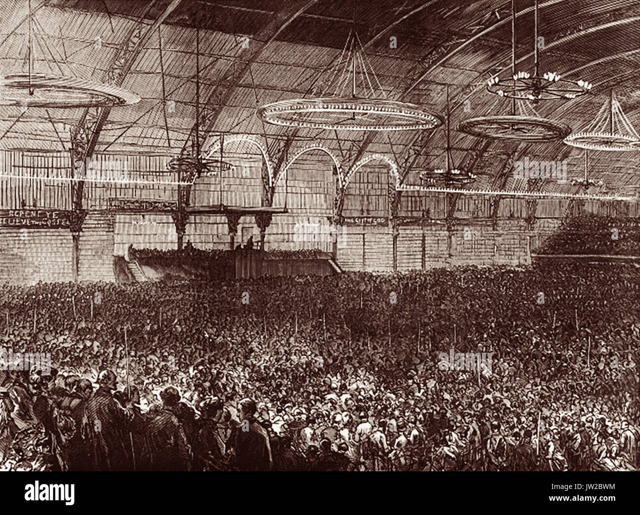 Evangelista americano Dwight Lyman Moody e hymnist Ira David Sankey presso la Agricultural Hall di Islington (North London), in Inghilterra nel mese di marzo 1875. Foto Stock