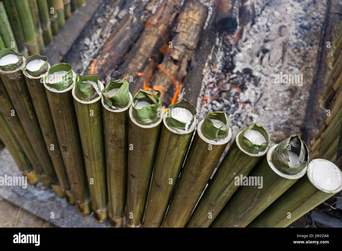 La cottura lemang, un tipo di riso di bambù. Lemang è fatto di riso glutinoso che viene cucinato con latte di cocco in bambù incavate. Si è trovato comunemente in Foto Stock
