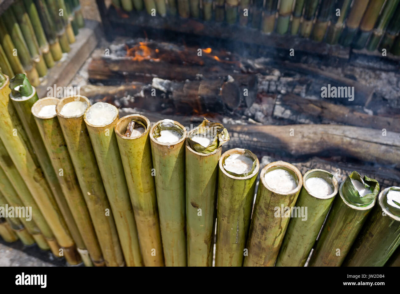La cottura lemang, un tipo di riso di bambù. Lemang è fatto di riso glutinoso che viene cucinato con latte di cocco in bambù incavate. Si è trovato comunemente in Foto Stock