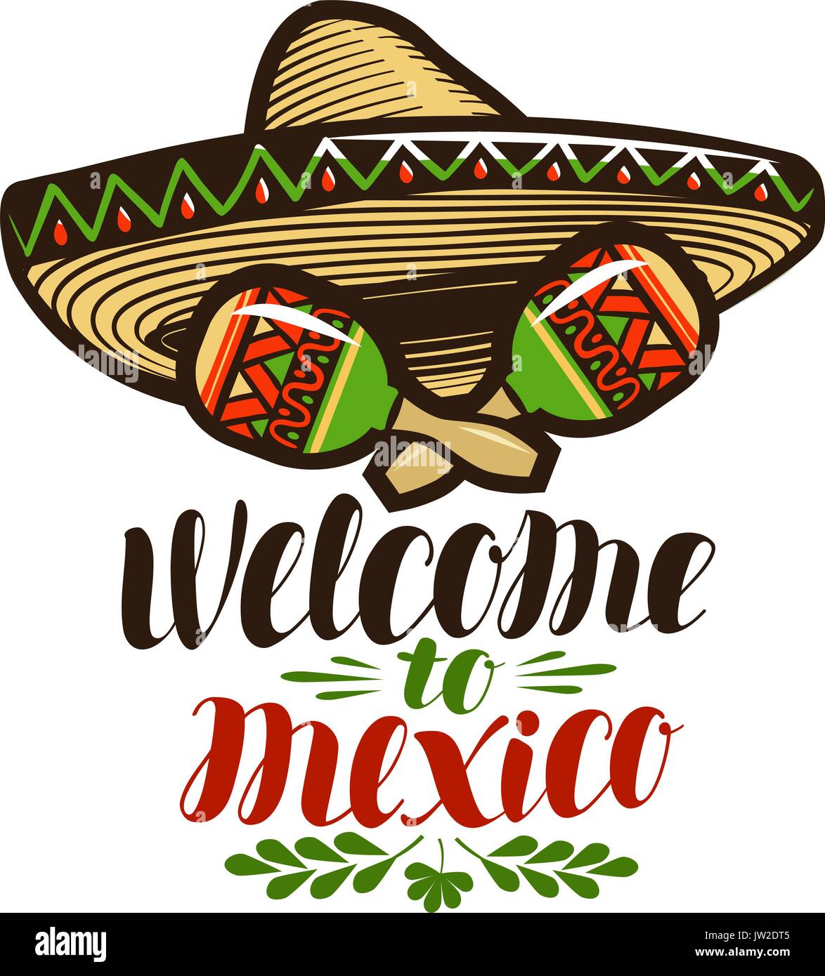 Benvenuti al Messico, banner. Sombrero e maracas icona. Lettering, calligrafia illustrazione vettoriale Illustrazione Vettoriale
