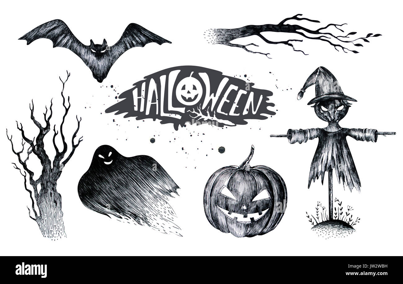 Halloween Disegno A Mano In Bianco E Nero Serie Grafica
