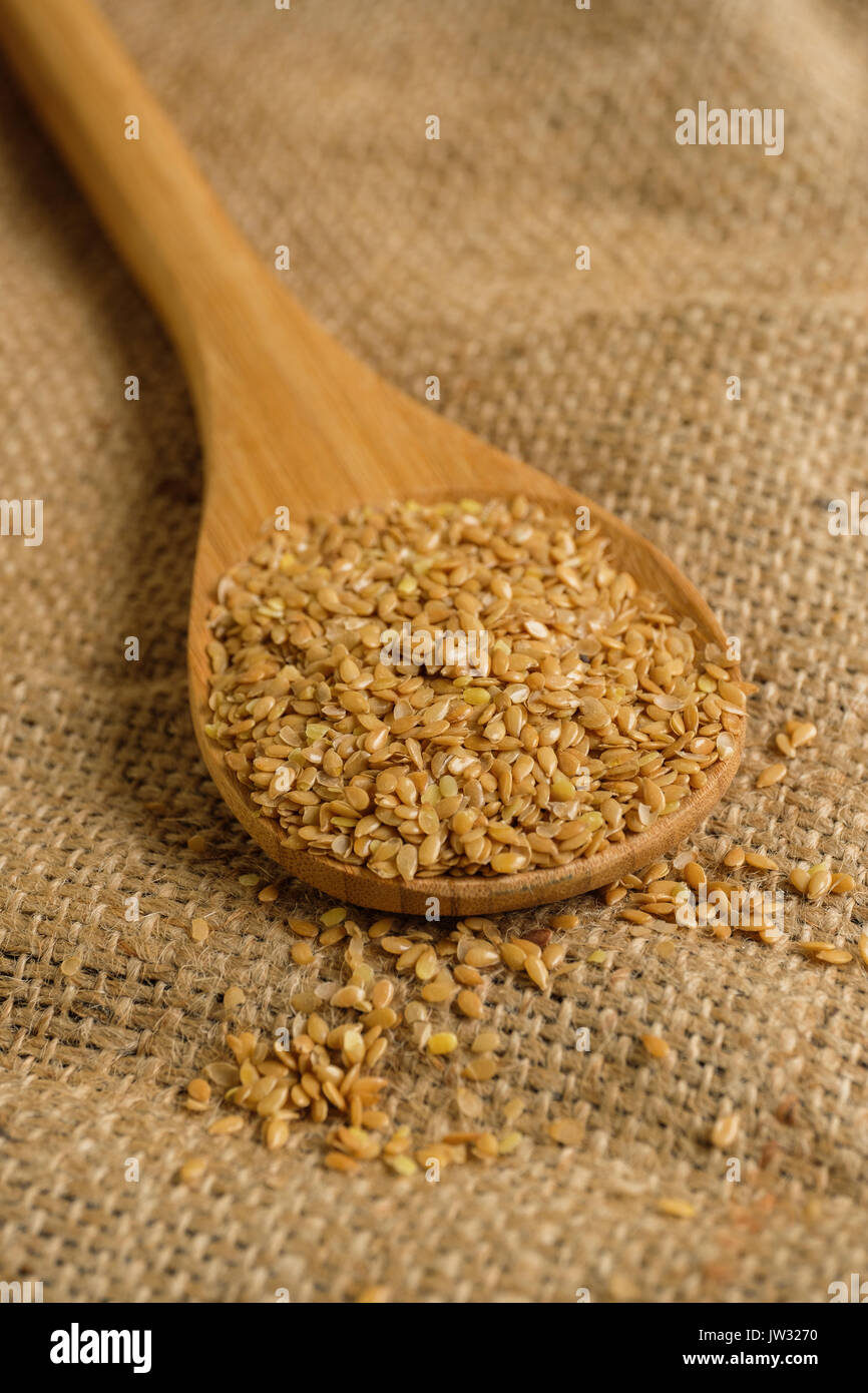 Cucchiaio di legno pieno di semi di lino su tela Foto Stock