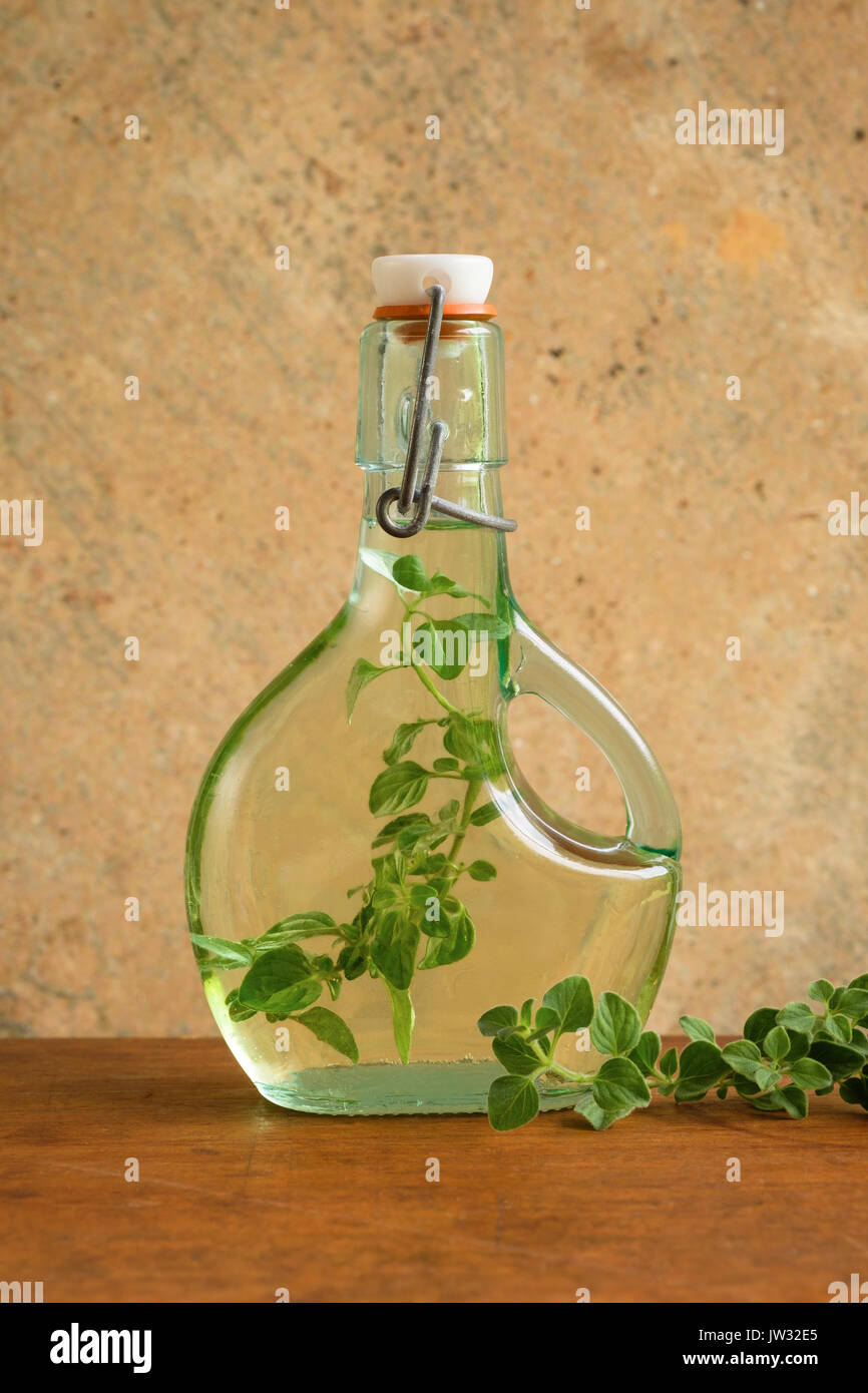 Olio di oliva Bottiglia con origano in foglie Foto Stock