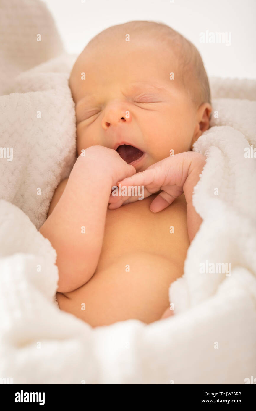 Baby boy (0-1 mesi) sbadigli Foto Stock