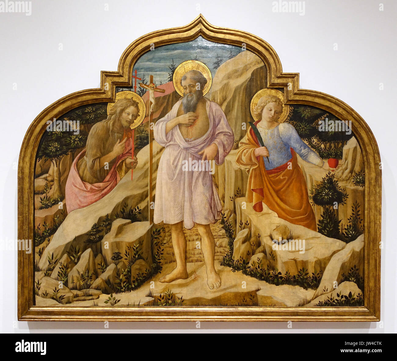 San Girolamo nel deserto con i Santi Giovanni Battista e Ansanus, Filippo Lippi, Italia, c 1455, tempera su pannello Fogg Art Museum, Harvard University DSC01051 Foto Stock San Girolamo nel deserto con i Santi Giovanni Battista e Ansanus, Filippo Lippi, Italia, c 1455, tempera su pannello Fogg Art Museum, Harvard University DSC01051 Foto Stock