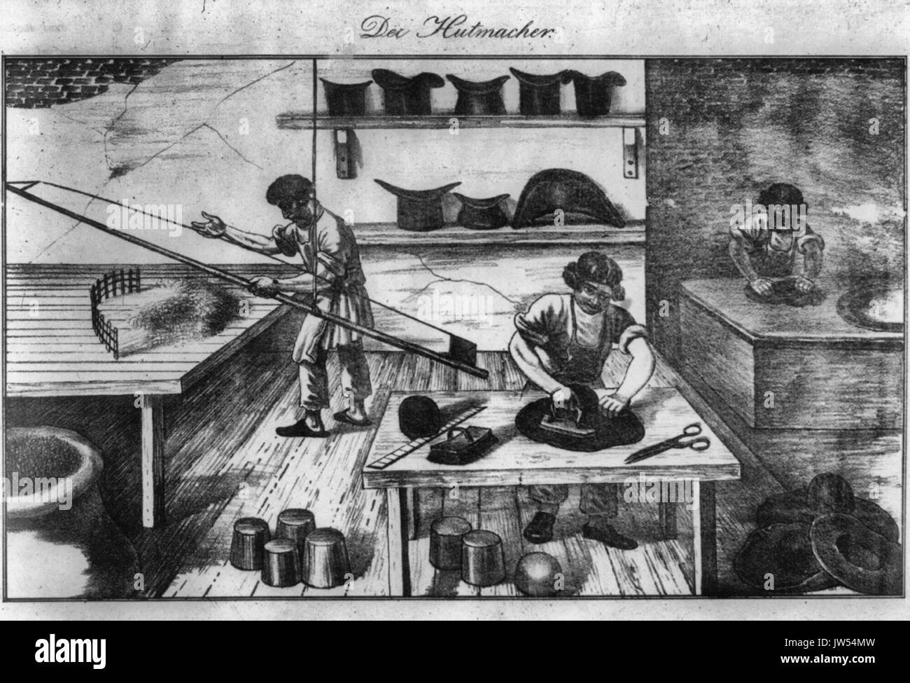 Der Hutmacher - mostra tre uomini al lavoro in una merceria o hat maker shop, circa 1850 Foto Stock