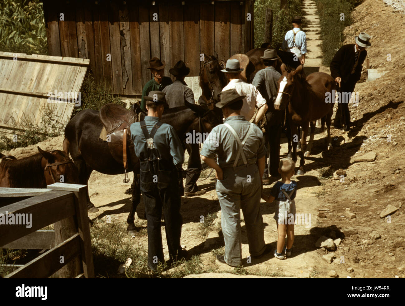 Gli alpinisti e gli agricoltori trading muli e cavalli su "San Fantino", vicino alla Casa Corte Campton, Wolfe County, Kentucky, Settembre 1940 Foto Stock