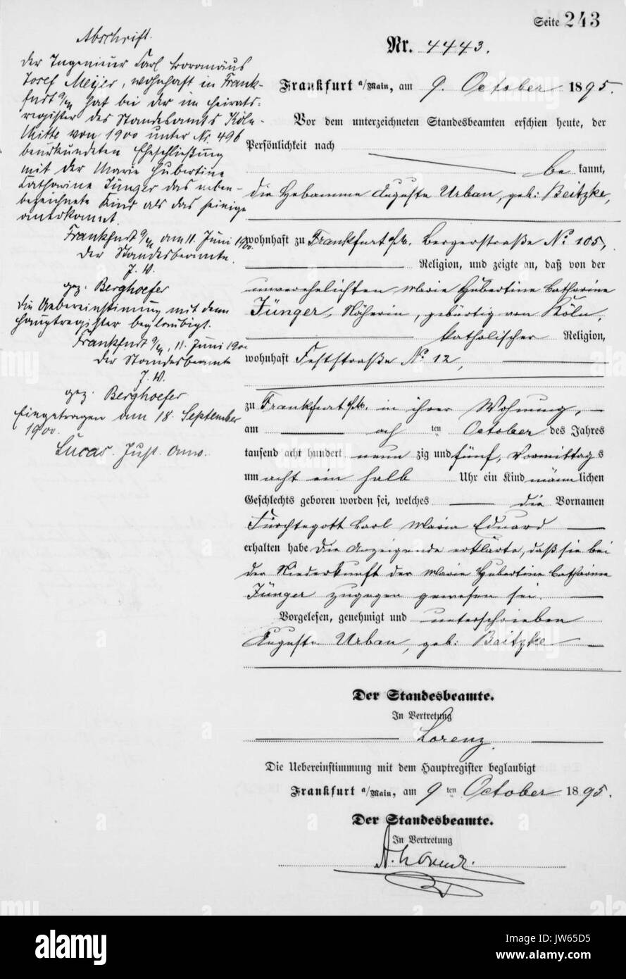 Geburtsurkunde Meyer Foto Stock