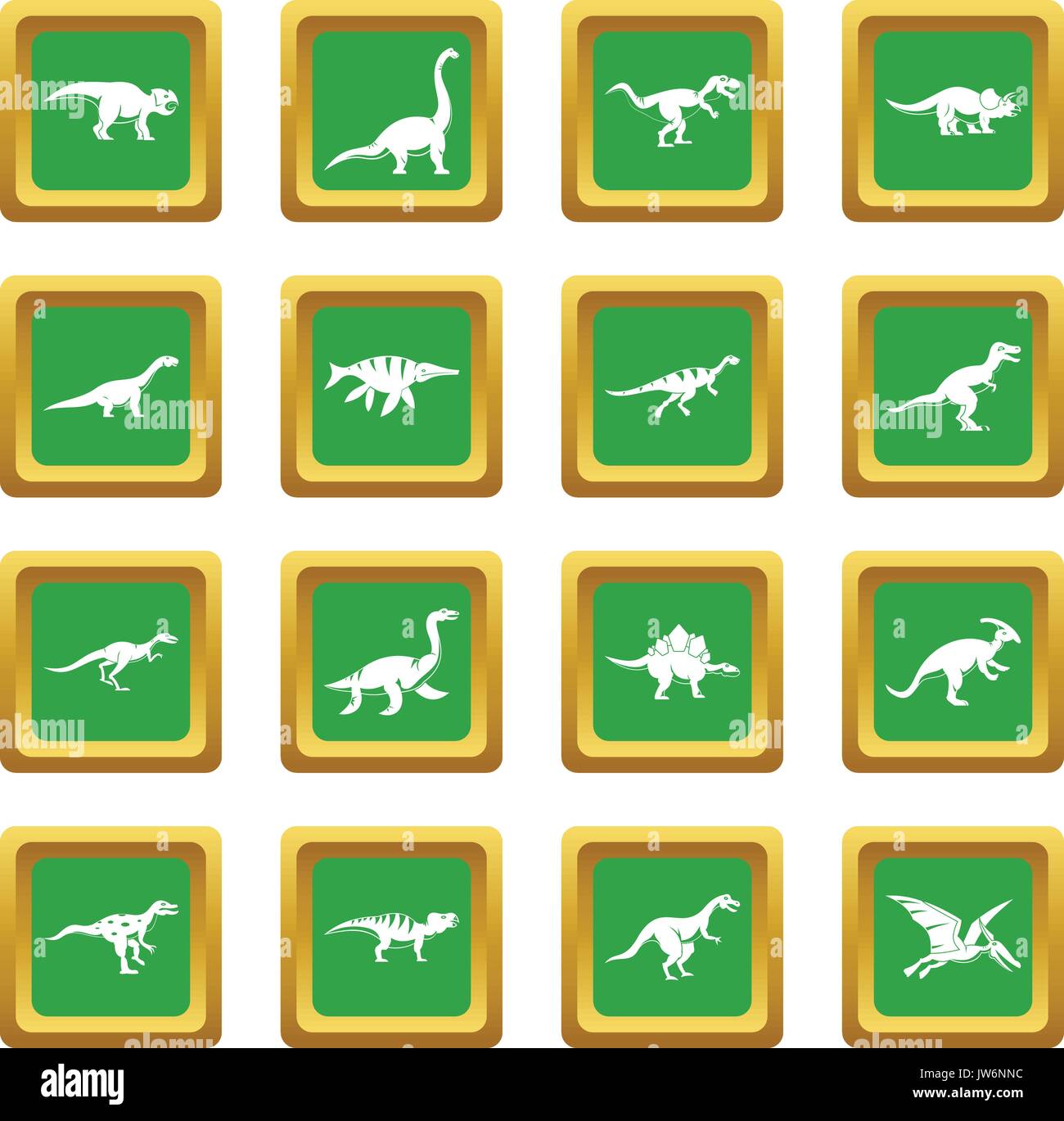 Dinosauro set di icone di colore verde Illustrazione Vettoriale