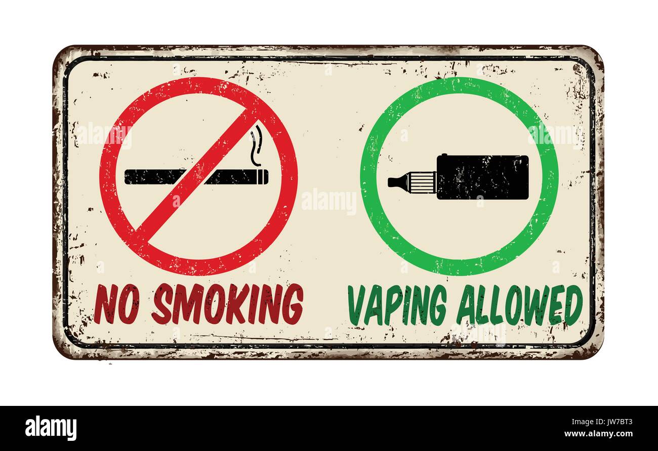 Fumare non e consentito Vaping vintage metallo arrugginito segno su uno sfondo bianco, illustrazione vettoriale Illustrazione Vettoriale