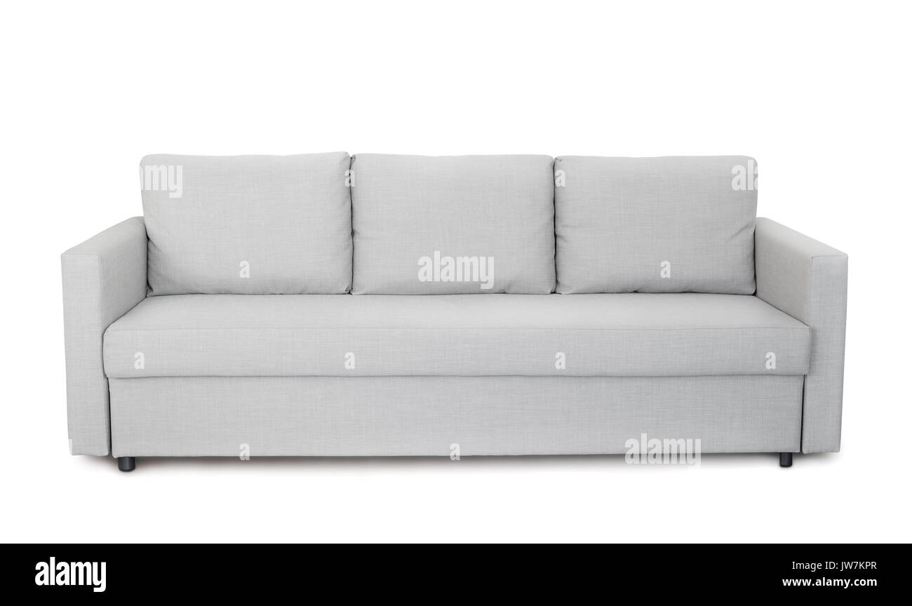 Vista frontale del divano grigio isolato su bianco Foto Stock