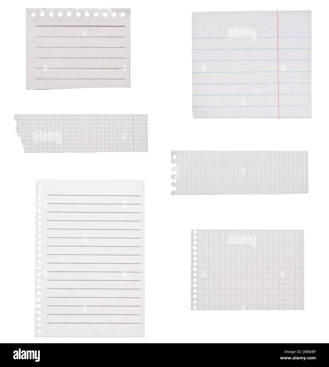 Set di blank squadrati e carta rigata isolato su bianco Foto Stock