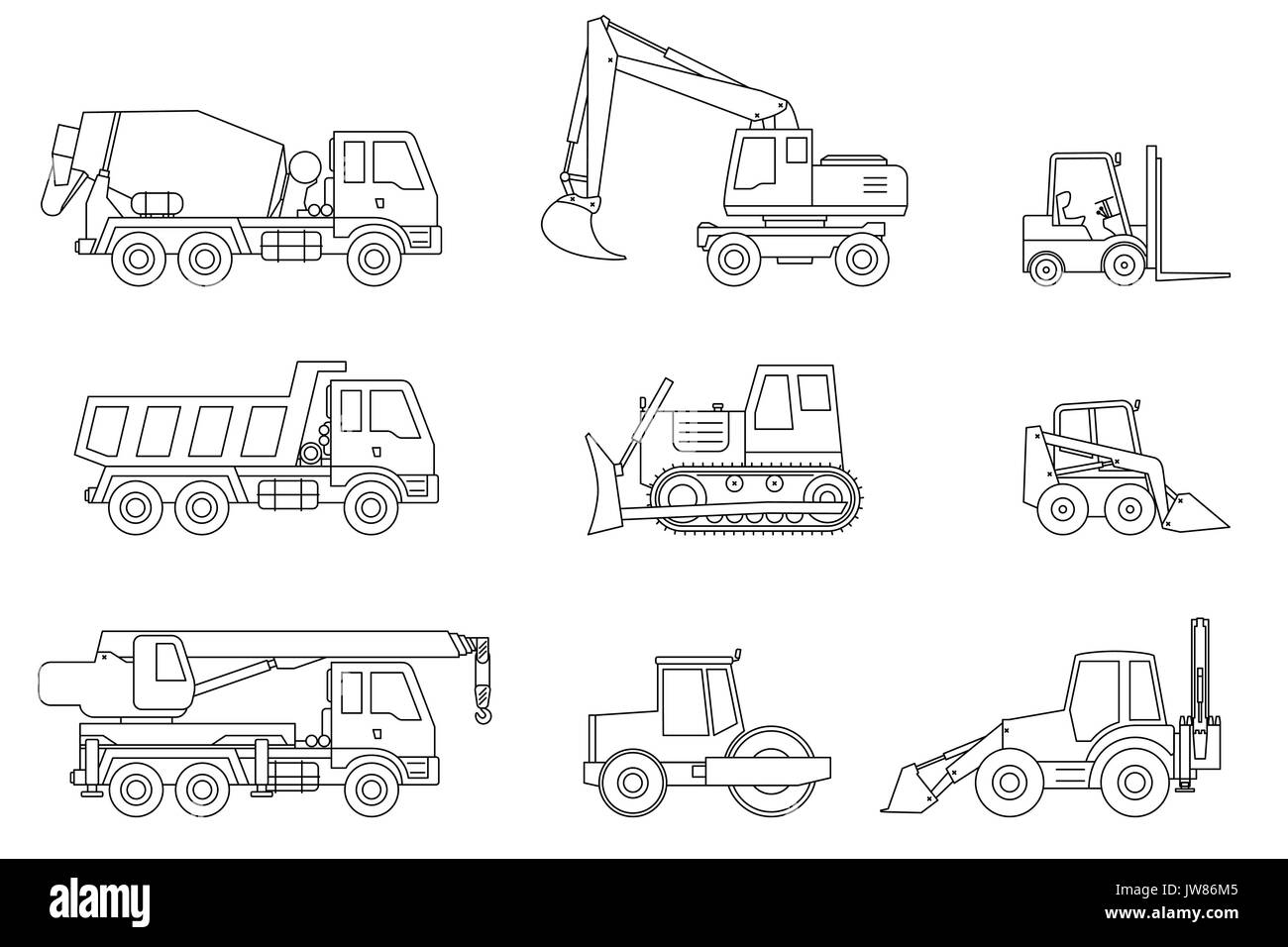 Costruzione macchine icone sottile. Illustrazione Vettoriale