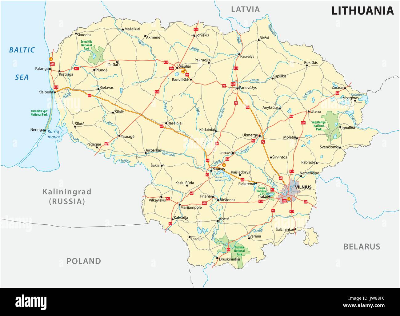 La lituania road e il parco nazionale di mappa Illustrazione Vettoriale