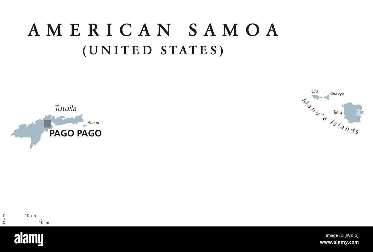 American Samoa mappa politico con capitale Pago Pago. Etichetta inglese. Territorio non costituite in società degli Stati Uniti nell'Oceano Pacifico. Foto Stock