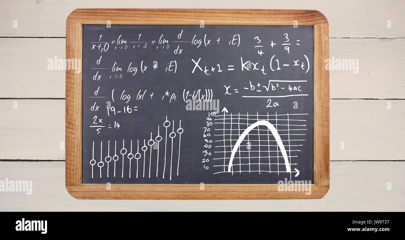 Composito Digitale di equazioni matematiche sulla lavagna Foto Stock