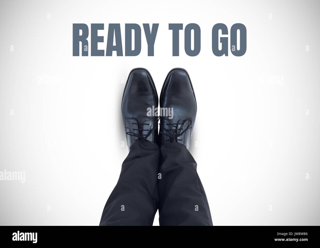 Digital composito di pronto ad andare e testo nero scarpe sui piedi con sfondo bianco Foto Stock