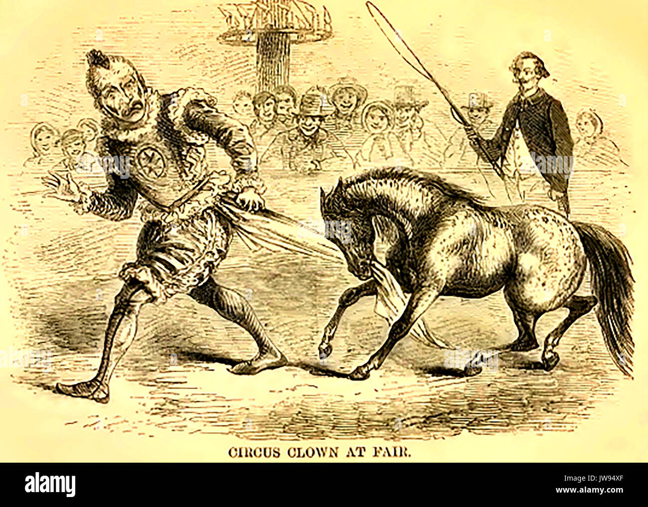 Un vittoriana inglese circus clown di eseguire ad una fiera con un pony Shetland e ringmaster Foto Stock