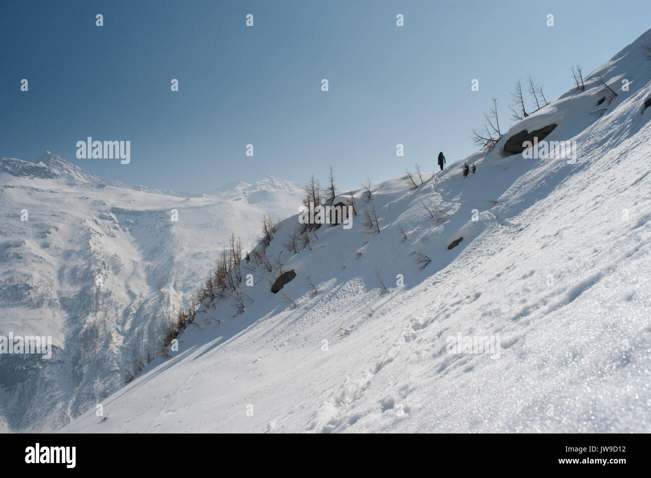 Vista posteriore del vagabondaggio alpinista durante il tempo primaverile. Sud e soleggiata coperta di neve pendici del massiccio del Monte Bianco. valle d'Aosta. Italia, Europa occidentale. Foto Stock