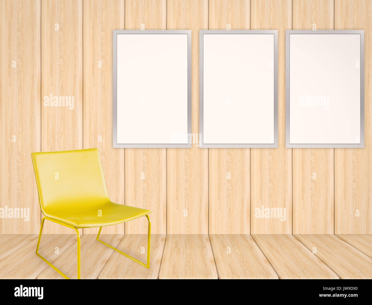 Tre fotogrammi vuoti in soggiorno con parete in legno Foto Stock