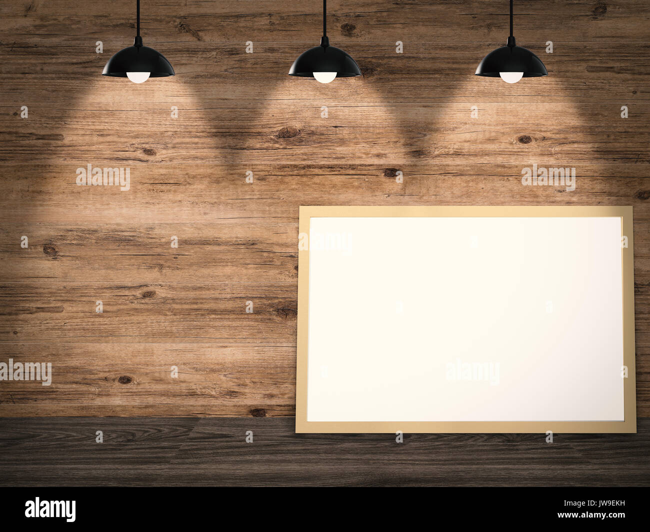 Telaio bianco appeso alla parete in legno sfondo Foto Stock