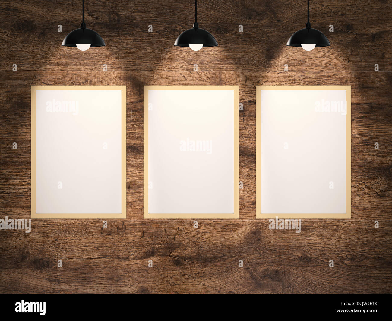 Tre fotogrammi vuoti appeso con pareti in legno Foto Stock