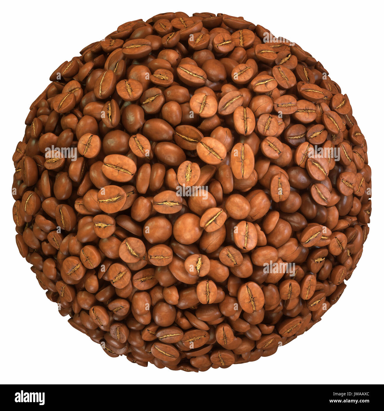 Chicchi di caffè tostati conformato come una sfera su sfondo bianco. Percorso di clipping incluso. Foto Stock