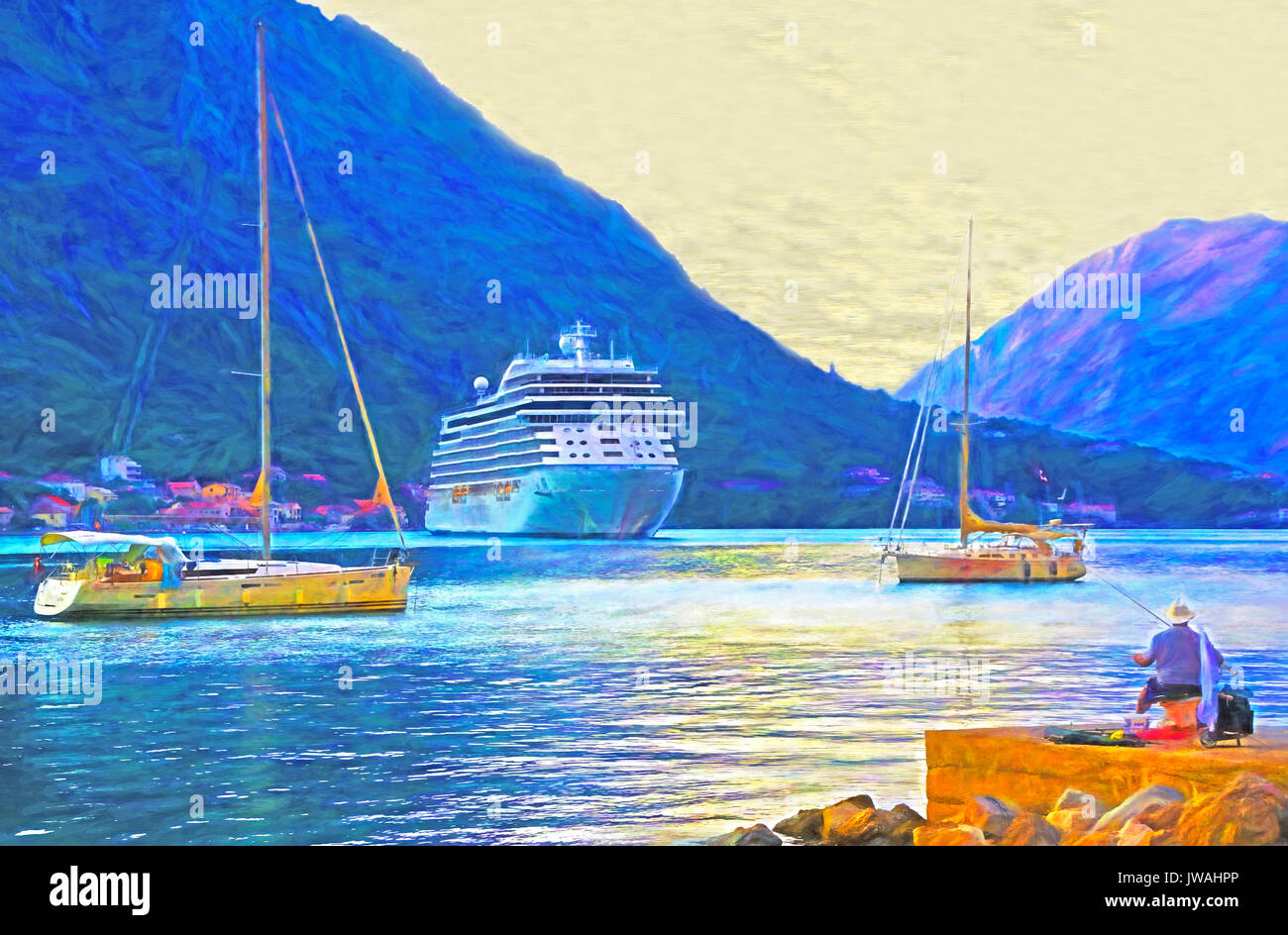 Cattaro del porto al crepuscolo. - Foto di Pittura Foto Stock