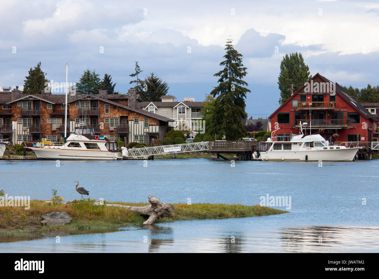 La Conner al villaggio e canale Swinomish, nello Stato di Washington, USA, America Foto Stock