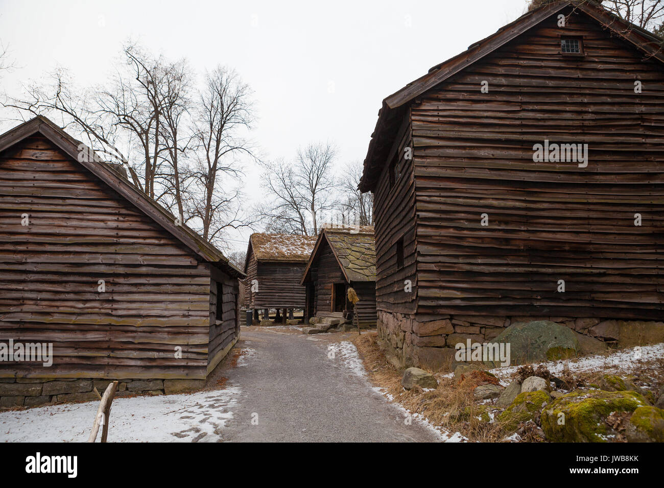 Tradizionali case di norvegesi. Il Museo delle Navi Vichinghe, Oslo. Foto Stock
