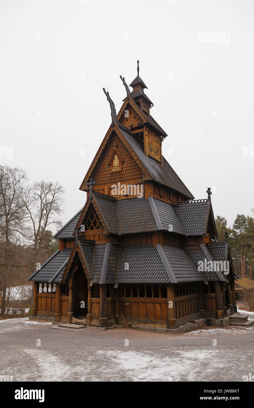 OSLO, Norvegia - 28 FEB 2016: Vecchia doga Chiesa nella storia culturale Museo Foto Stock
