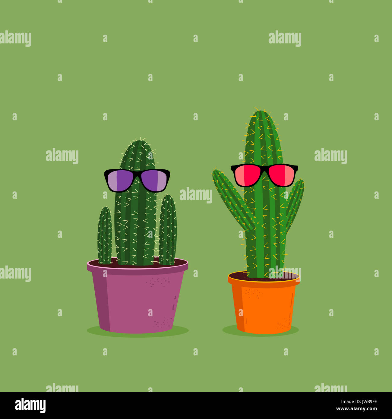 Due divertenti cartoon cactus indossando occhiali da sole su sfondo verde. Carino illustrazione di carattere Foto Stock