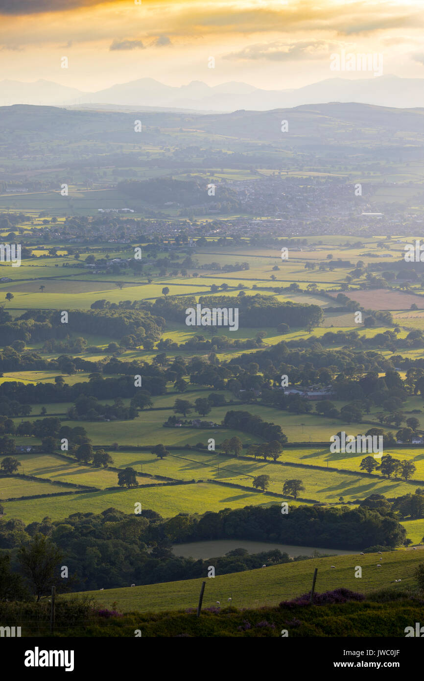 Una serata estiva in tutto il bello e pittoresco paesaggio della valle di Clwyd verso la città di Denbigh con il Parco Nazionale Snowdonia visibile Foto Stock