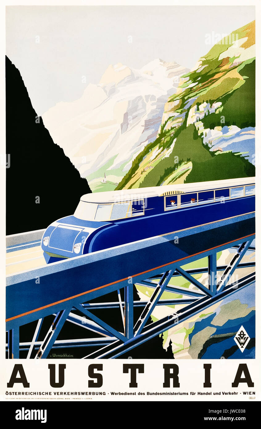 " Austria " 1930 Turismo Poster raffigurante una streamline Austro Daimler BBÖ VT 63 treno attraversando un ponte. Illustrazione di Erich von Wunschheim per Österreichische Verkehrswerbung (trasporti austriaco pubblicità). Foto Stock