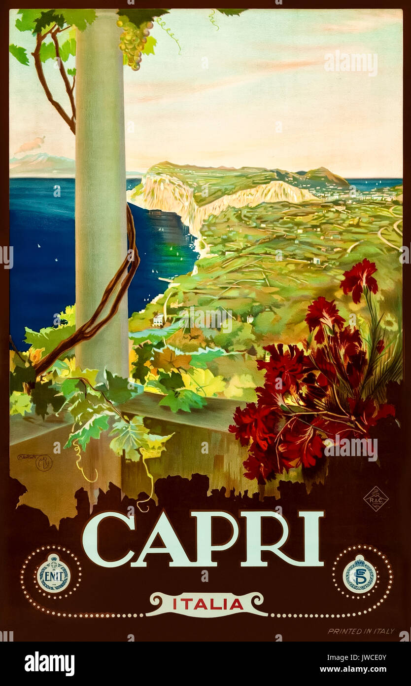 "Capri" 1920s Turismo poster che mostra la vista dal pergolato di Villa San Michele giù per la Penisola Sorrentina con il Vesuvio in lontananza. Illustrazione di Mario Borgoni (1869-1931) per Ferrovie dello Stato (FS - Ferrovie dello Stato) e l'ENIT (Agenzia nazionale del turismo - Italian Tourist Board). Foto Stock