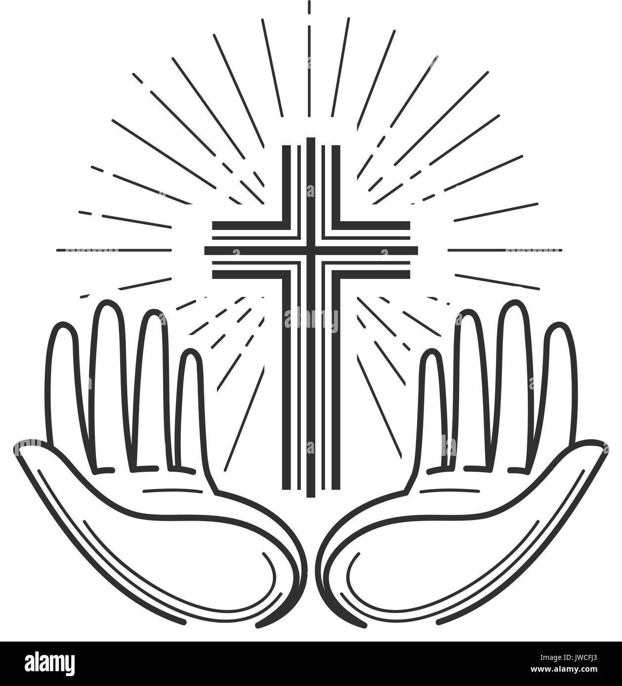 Chiesa religione logo. La Bibbia, la crocifissione, la croce e la preghiera Icona o simbolo. Design lineare, illustrazione vettoriale Illustrazione Vettoriale