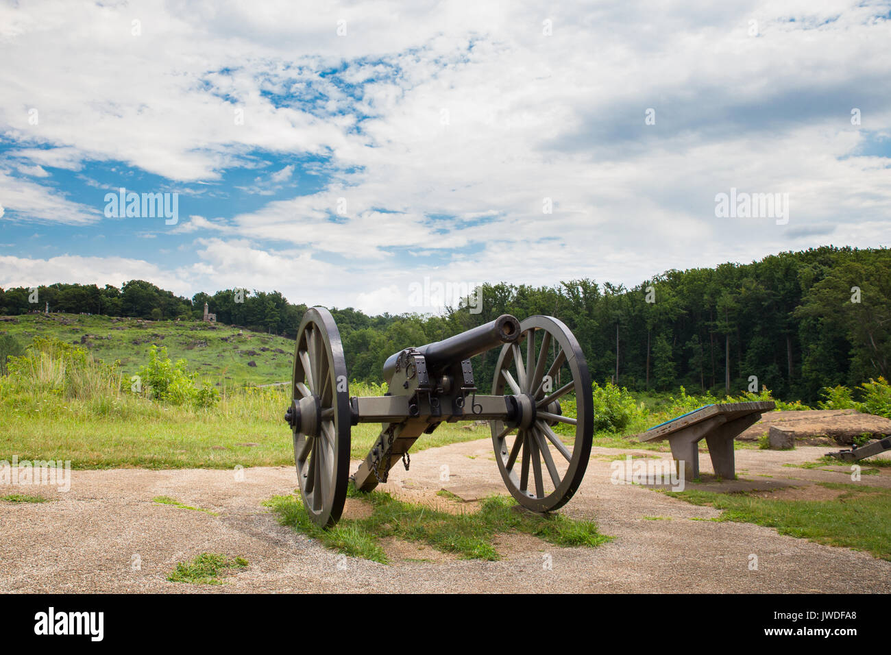 Vista della guerra civile battaglia militare e cannone di Gettysburg in Pennsylvania Foto Stock