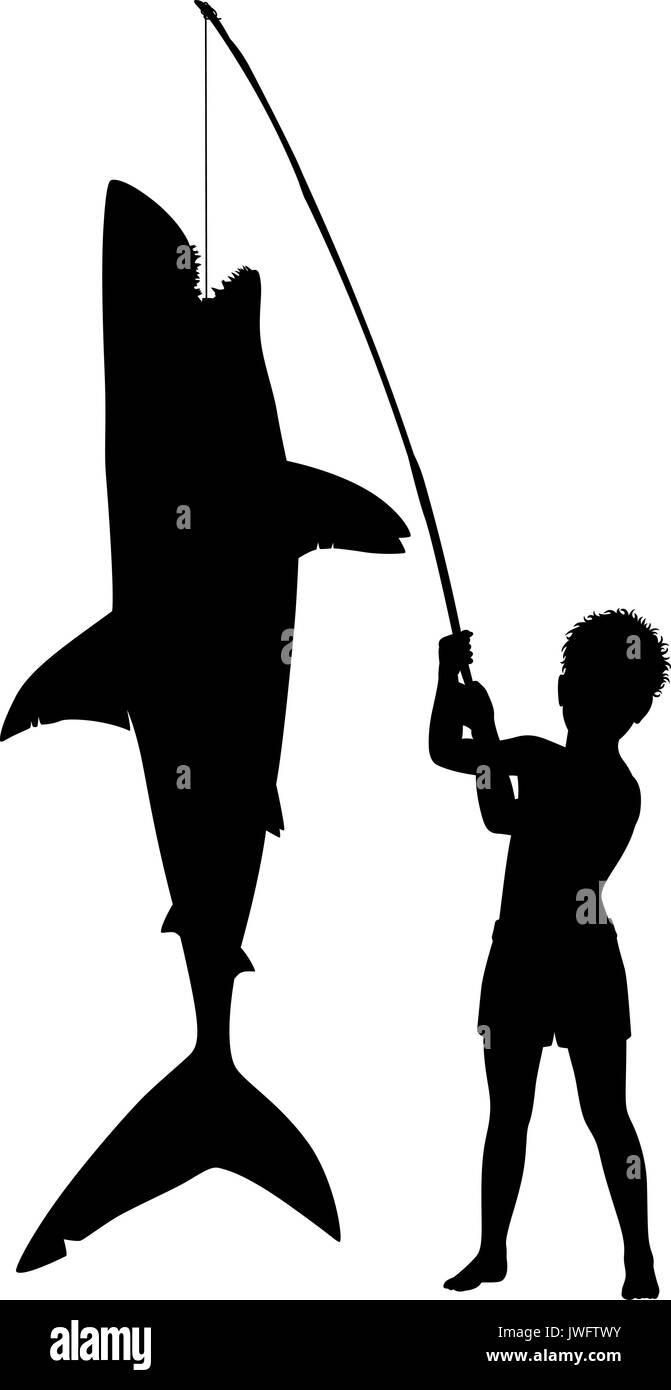 Vettore modificabile silhouette di un giovane ragazzo in su ottenere mediante la cattura di un squalo di grandi dimensioni con una piccola asta Illustrazione Vettoriale