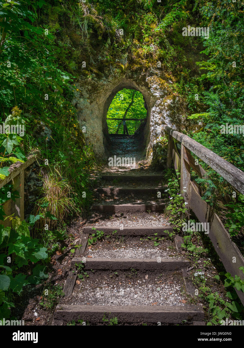 Wanderweg mit Felsdurchbruch un Teufelsbrücke bei Inzighofen, Naturpark Obere Donau, Landkreis Sigmaringen, Baden-Württemberg, Deutschland, Europa Foto Stock