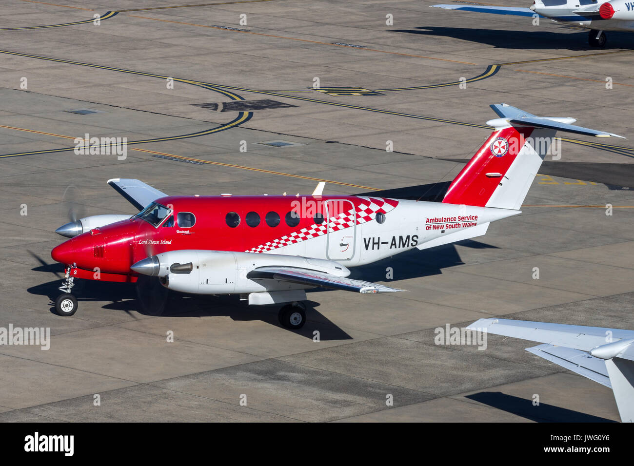 Servizio ambulanza del New South Wales Beechcraft King Air 200 Air Ambulance aeromobili all'Aeroporto di Sydney. Foto Stock