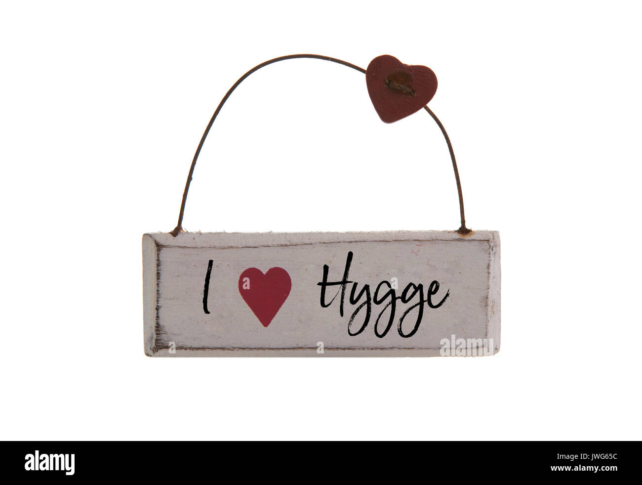 Io amo HYGGE segno su uno sfondo bianco, Hygge è un danese e norvegese di word che può essere descritta come una qualità di accoglienza e confortevoli Foto Stock