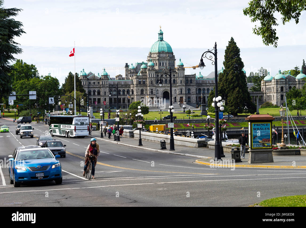 La bella cupola di British Columbia il Palazzo del Parlamento in Victoria e il Porto Interno con barche, Marina e ormeggi Victoria BC Canada Foto Stock